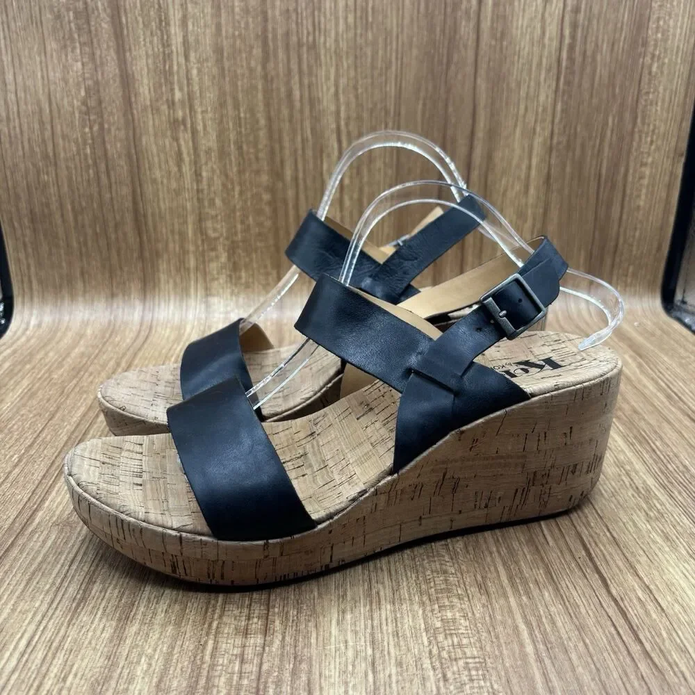 KORKS KORK-EASE Austin US 10 Genuine Leather Platform Wedge Sandal Black Comfort